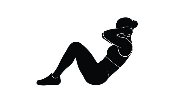 A woman performing crunches a white with fitness and exercise and silhouette on whit background