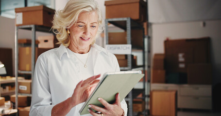 Ecommerce, woman or reading on tablet in warehouse, check product sales or digital inventory...