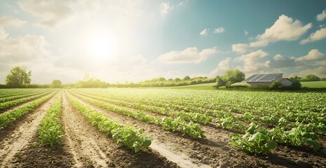 Serene morning in a lush green field under clear blue sky