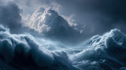 Dramatic ocean waves with dark stormy clouds