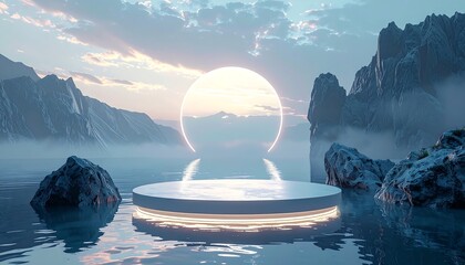 Sunrise over serene water with mountains and a glowing platform