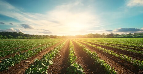 Sunlit agricultural fields at dawn