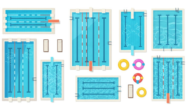 Top view swimming pool flat vector illustration collection