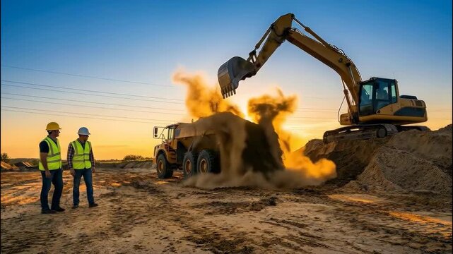 The image depicts a construction site at sunset. Two workers are observing the operation of an excavator loading a dump truck.