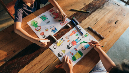 Children coloring illustrations at a wooden table with markers and crayons.