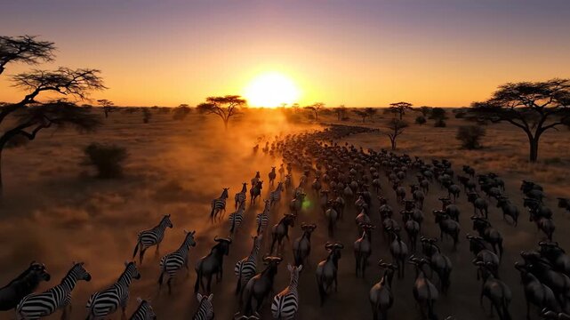 Majestic migration Zebras and wildebeest herd across African savanna at sunset.