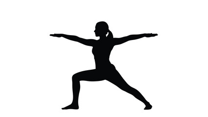 A woman in a strong warrior yoga pose white with silhouette and fitness on whit background