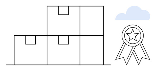 Shipping, logistics, cloud storage, quality control, inventory management, e-commerce delivery. Four stacked boxes and a star ribbon next to a cloud. Focus on logistics and quality control
