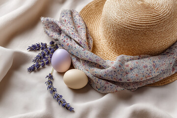 A straw hat with a floral print chiffon scarf, two Easter eggs and a sprig of lavender on a light draped fabric

