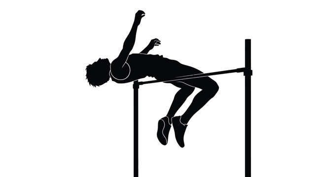 A black silhouette of a male athlete high jumping over a horizontal bar white on whit background