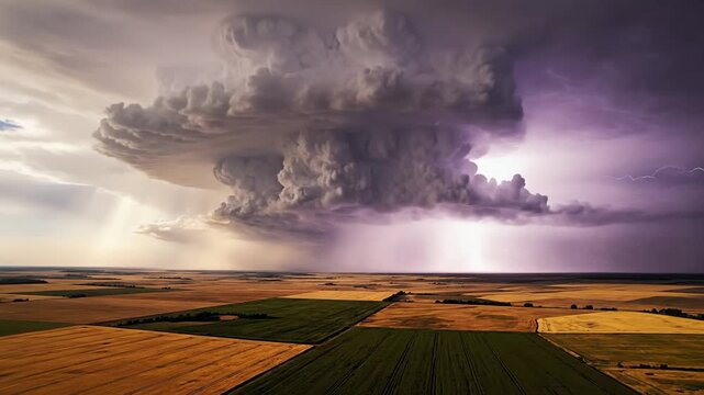 Dramatic Supercell Thunderstorm with Lightning over Rural Farmland.