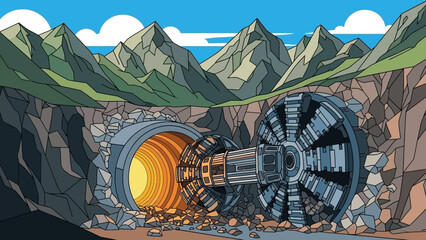Tunnel Boring Machine Excavating Mountain Tunnel Illustration