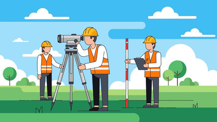 Cartoon Surveyors Using Theodolite and Leveling Rod Outdoors