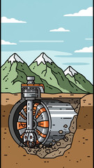 Tunnel Boring Machine Underground Excavation with Mountain Landscape