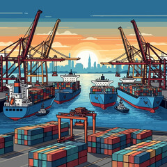 Cartoon Shipping Port with Cargo Ships and Cranes at Sunset