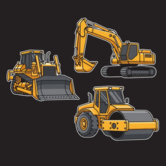Cartoon Construction Vehicles on Black Background: Bulldozer Excavator Road Roller