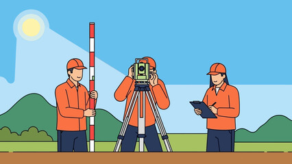 Cartoon Land Surveying Team with Theodolite and Leveling Rod in Sunny Field