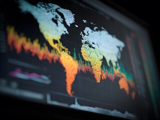 Global market heatmap on digital monitor, margin above clean for headline