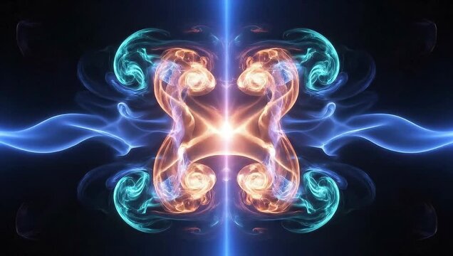 Two mirrored neon smoke figures face each other along a glowing central axis in dark symmetry glows