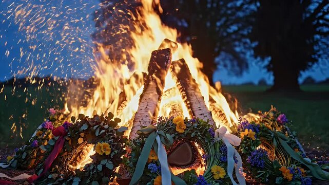 Beltane background, bonfire symbolism with flowers and greenery