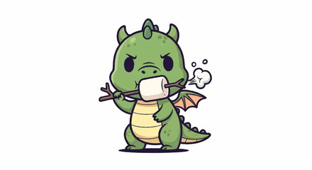 Obraz premium Cute Baby Dragon Character Roasting a Marshmallow over a Stick Fantasy Mythical Creature Cartoon Illustration