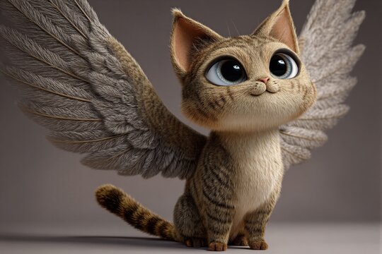 Un adorable gatito atigrado con alas de &aacute;ngel, posando con una expresi&oacute;n tierna y curiosa.