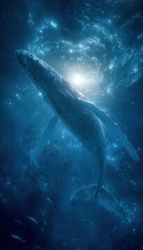 Una ballena jorobada nadando en un mar de estrellas.