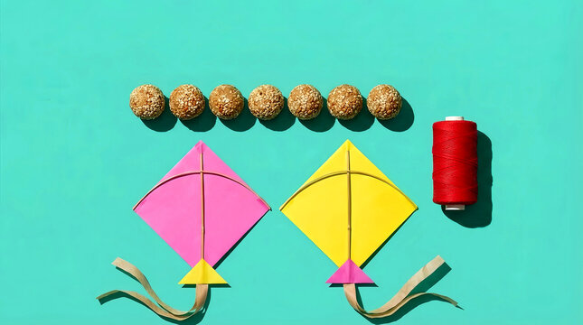 Makar Sankranti kites til ladoo sesame balls red thread spool flat lay on teal background