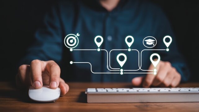 Businessman interacts with digital roadmap icons representing learning milestones and strategic business goal achievement processes - Powered by Adobe