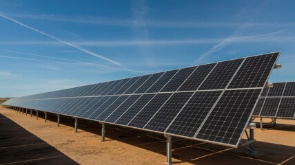 Large array of dark photovoltaic solar panels generating renewable energy under a bright blue sky