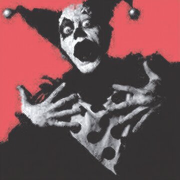 Imagen en blanco y negro de un payaso aterrador con una expresi&oacute;n de horror y manos extendidas.