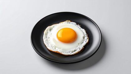 Overhead studio shot of a fried egg with a bright yolk on a matte black plate