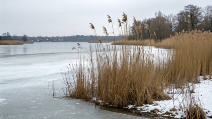 Reed bushes on a frozen pond shoreline during winter, functioning as natural habitat, winter season