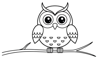 Wise Owl Perched: An adorable, round owl perches confidently on a slender branch, its large eyes reflecting a sense of wisdom and watchfulness. It is ready for coloring.