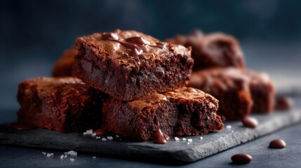 Una pila de brownies decadentes sobre una losa de pizarra.