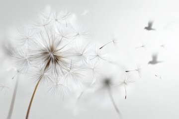 Una fotograf&iacute;a en blanco y negro de un diente de le&oacute;n dispersando sus semillas, con siluetas de p&aacute;jaros volando en el fondo.