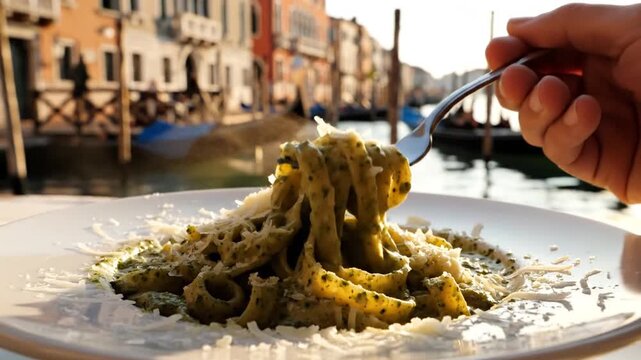 Cinematic slow motion capture of authentic Italian creamy pesto pasta topped with grated parmesan cheese served at a rustic table in Venice, featuring vibrant basil and mediterranean light.