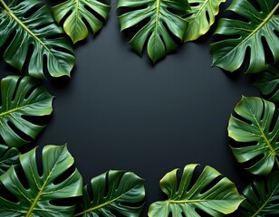 Fototapeta premium Tropical Green Leaves Flat Lay Against Dark