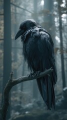 Obraz premium Un cuervo posado sobre una rama en un bosque brumoso, simbolizando misterio y sabiduría ancestral.