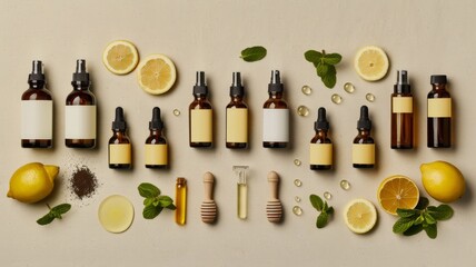 Aromatherapy and natural skincare flat lay with amber glass essential oil bottles, fresh lemon slices, mint leaves, and honey on a beige background.