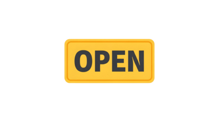Store open sign icon, yellow rectangular status badge for business hours on white background transparent background