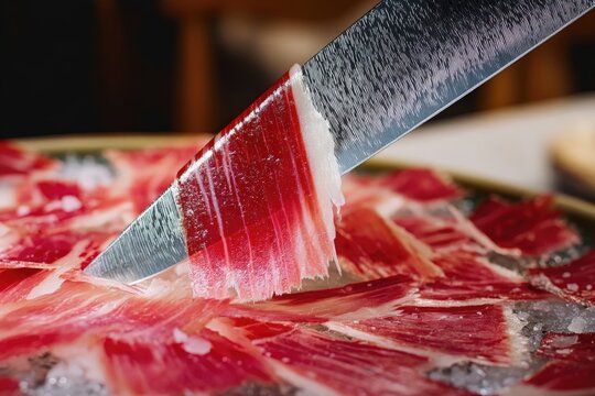 Una imagen detallada de una fina loncha de jam&oacute;n ib&eacute;rico siendo cortada con un cuchillo afilado.