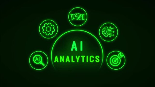 Glowing neon green abstract infographic diagram illustrating artificial intelligence concepts with for search analysis gear handshake brain and target on a dark background