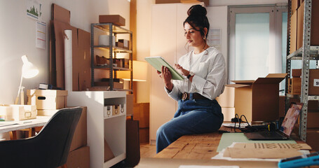 Ecommerce, woman and scroll in small business with tablet for online order, process sales or...