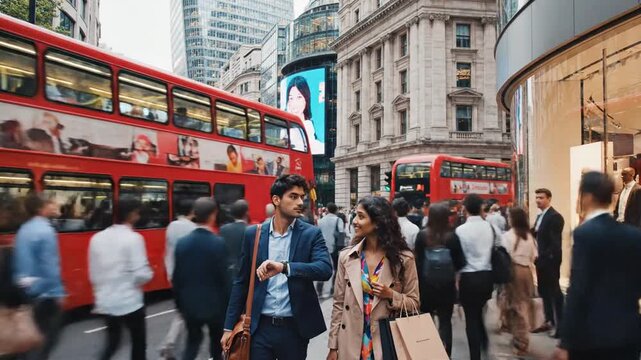 Cinematic slow motion footage of iconic red double decker buses navigating a bustling urban street in the historic London city district during daylight with vibrant metropolitan traffic atmosphere