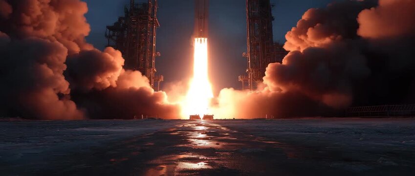 Strong exhaust plumes and plume-structure interaction are produced by the rocket launch propulsion system during liftoff.