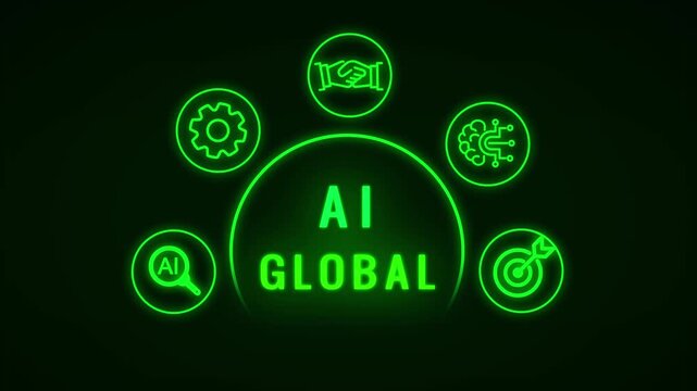 Glowing neon green abstract infographic diagram illustrating artificial intelligence concepts with for search analysis gear handshake brain and target on a dark background
