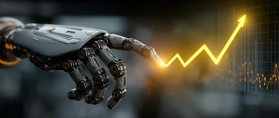 In front of a contemporary workplace with digital graphs showing advancement and data analysis, a future robotic hand reaches out to display a flashing arrow representing progression. - Powered by Adobe
