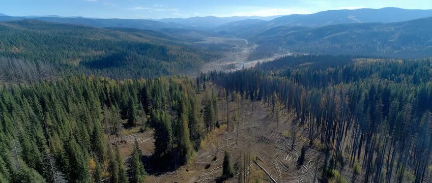 An aerial picture exhibiting habitat decline and fragmentation shows an undamaged forest abruptly next to a burnt clearcut region.