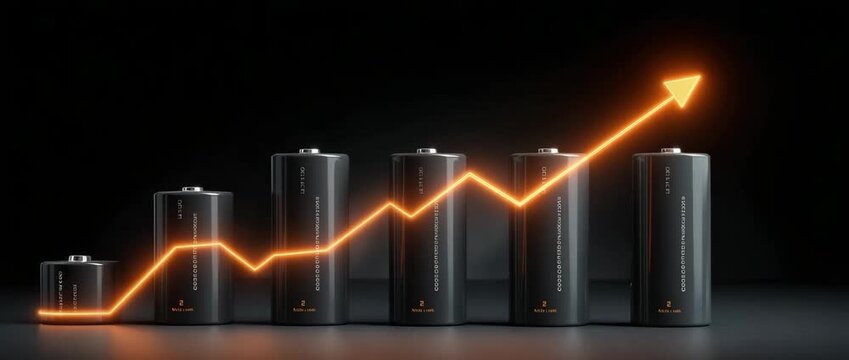 The growing battery market and investment tendency are shown by a row of cylindrical battery cells with a flashing upward arrow.